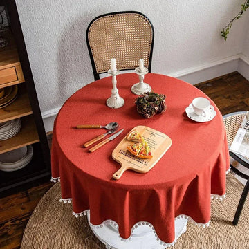 Qfdian Solid Round Tablecloths with Pom Poms Cotton Tablecloth Table Covers for Kitchen Dining Restaurant Wedding Party Home Decoration